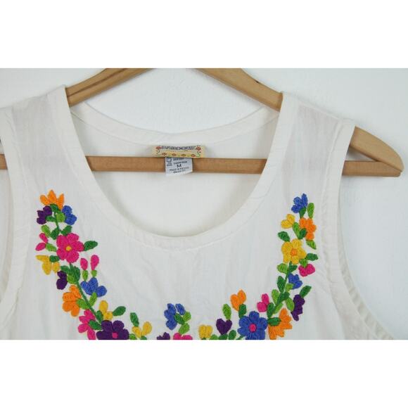 Hand Embroidered Medium Dress Midi Huipil Boho Peasant White Cotton Beach Resort - Picture 4 of 11